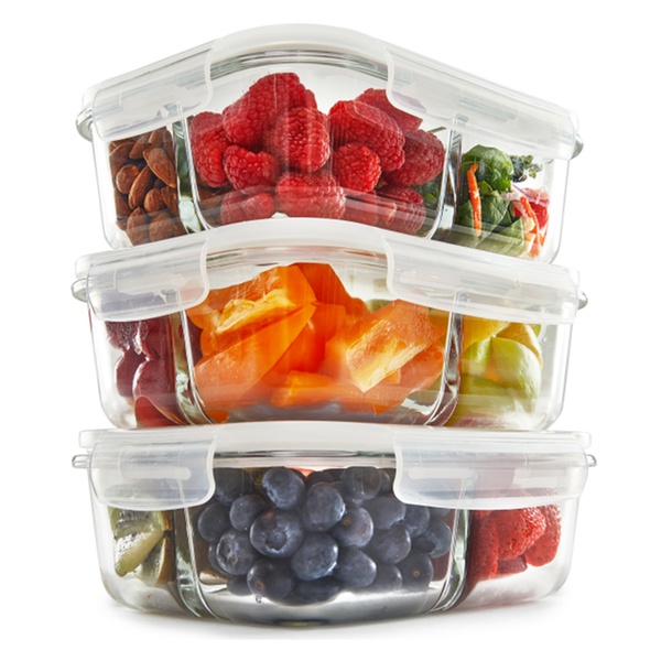 Glass Meal Prep Food Storage Containers 3 Compartment With Vented Lids