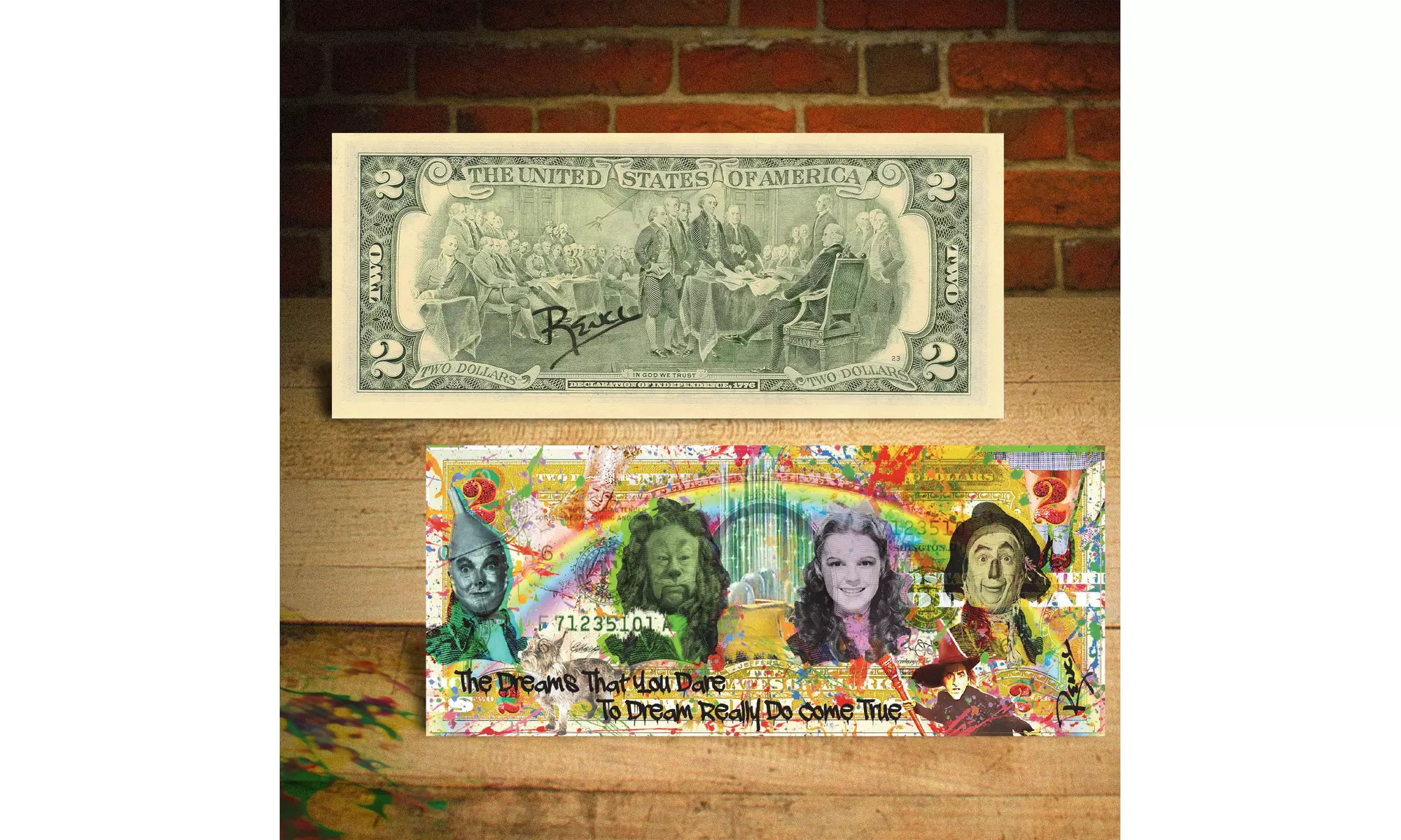 WIZARD OF OZ Cast Dreams Art Genuine U.S. Two-Dollar Bill HAND-SIGNED by Rency