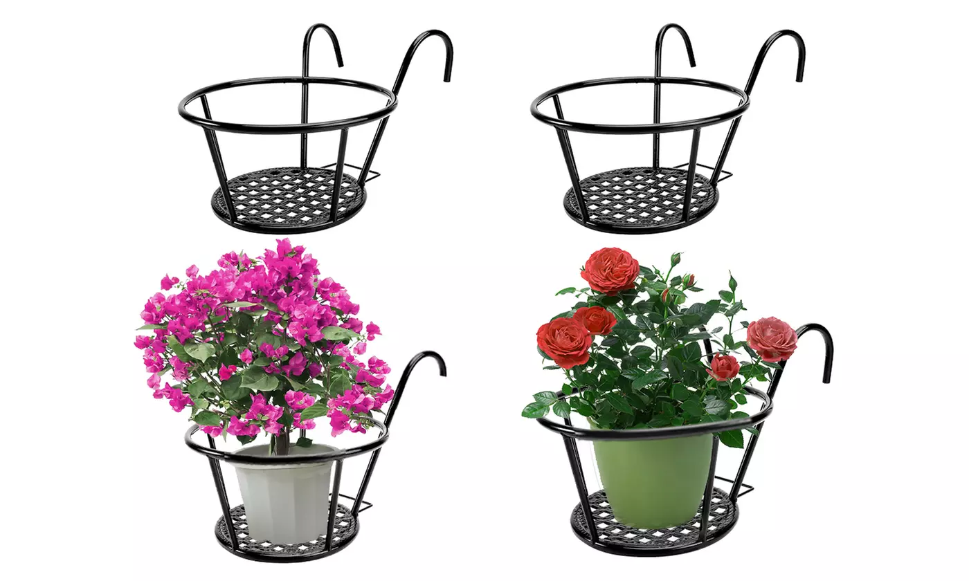 NewHome Round Hanging Railing Planters Wrought Iron Flower Pot Holders (4-Pack) - Primary Image