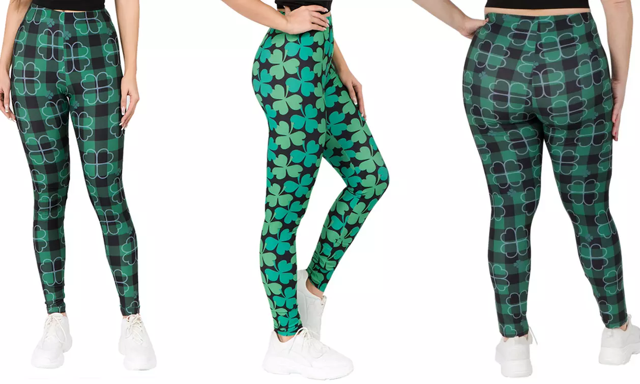 Style Clad Women's St Patrick's Day 4-Leaf Clover Leggings. Plus Size Available. - Primary Image