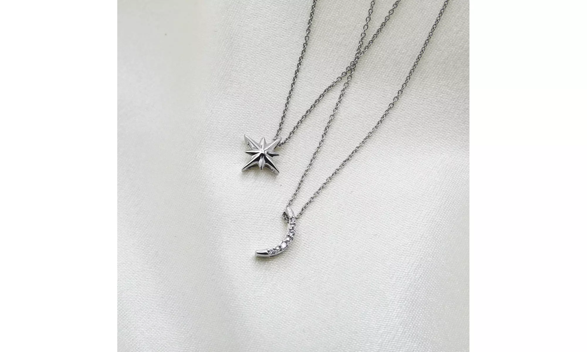 North Star & Moon Layered 1/10 Ct Natural Diamond Pendant Necklace 925 Silver