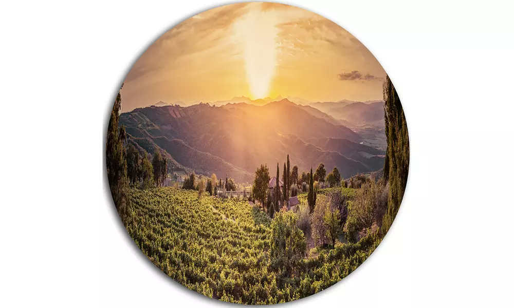 Vine Farm at Sunset Tuscany Panorama' Landscape Metal Circle Wall Art - Second Medium