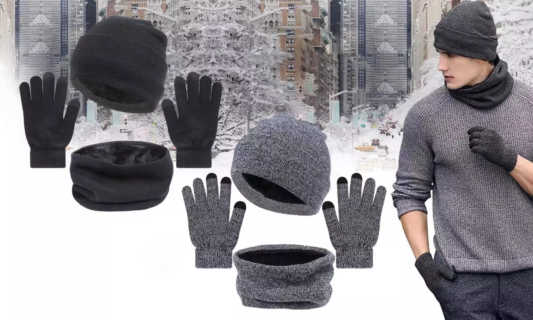 Winter Beanie Hat Touchscreen Gloves Scarf Warm Windproof Christmas(Set of 3)
