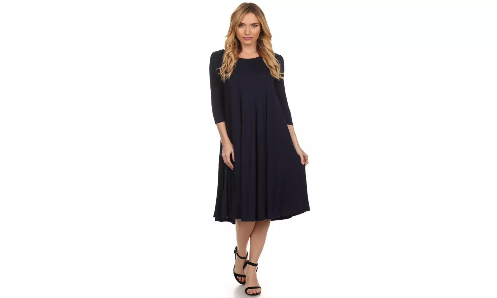 Women's Solid Casual Comfy 3/4 Sleeve Loose Fit A-line Midi Dress
