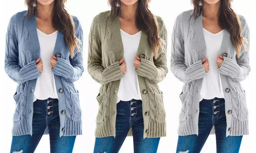 Women Open Front Button Down Long Sleeve Sweater Cardigan Outwear with Pockets - Primary Image