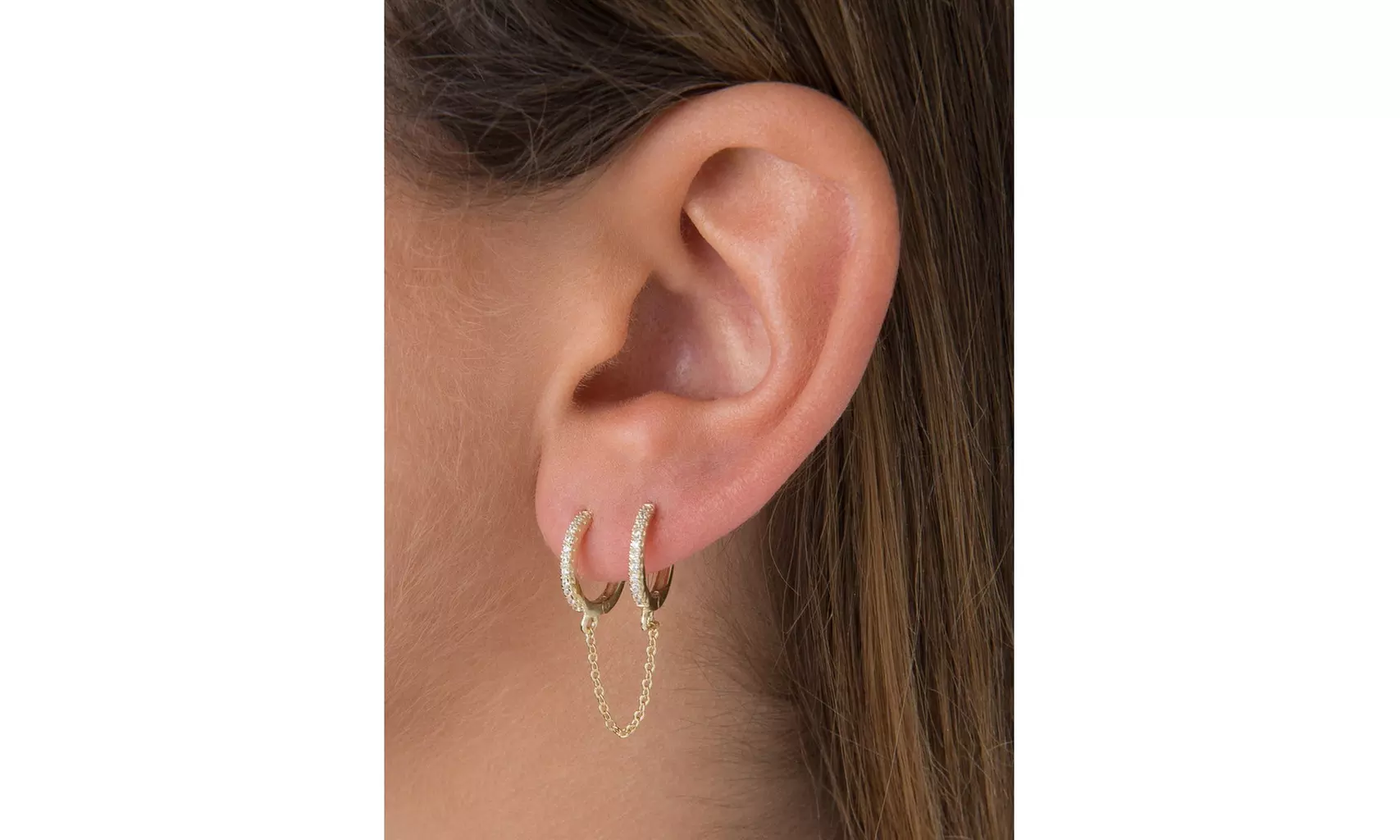Sterling Silver Double Huggie Chain Earring with Genuine Crystals