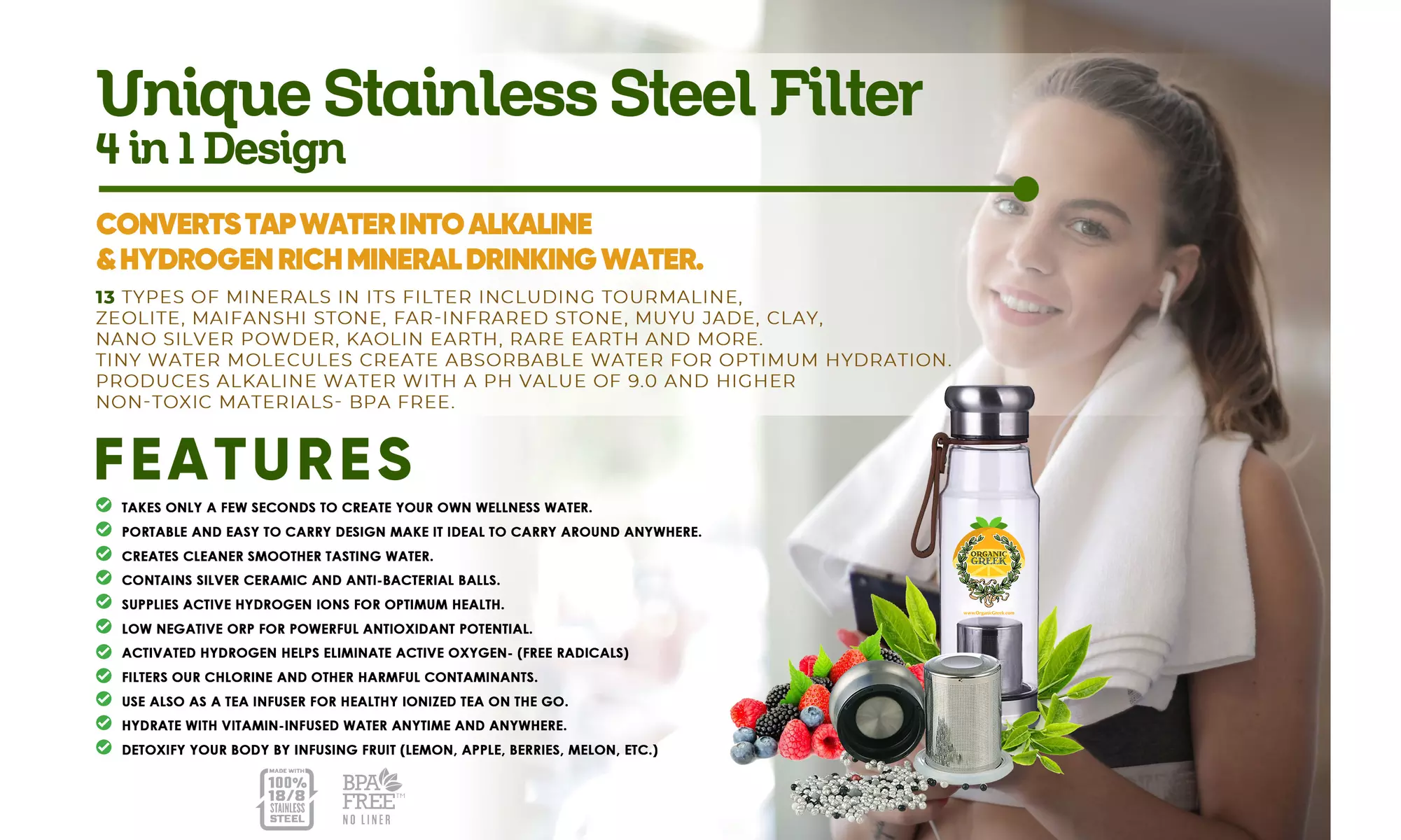 Organic Greek Vitamin Bottles Hydrogen Alkaline Generator Water Filter 4 in 1 