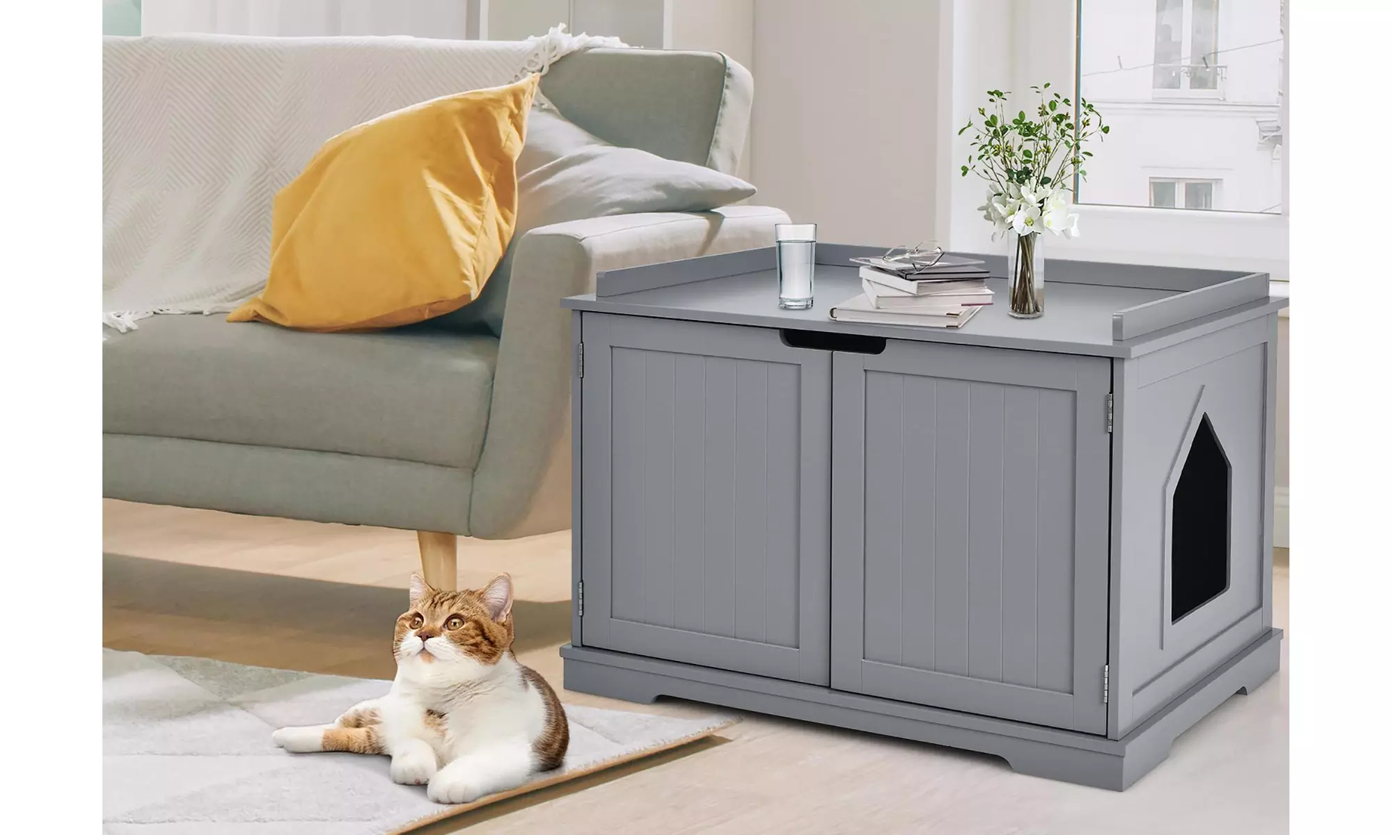 Costway Cat Litter Box Wooden Enclosure Pet House Washroom Storage Bench Grey
