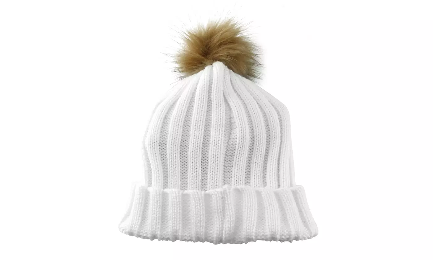 Warm Winter Kids Knitted Skull Cap Faux Fur Pom Beanie