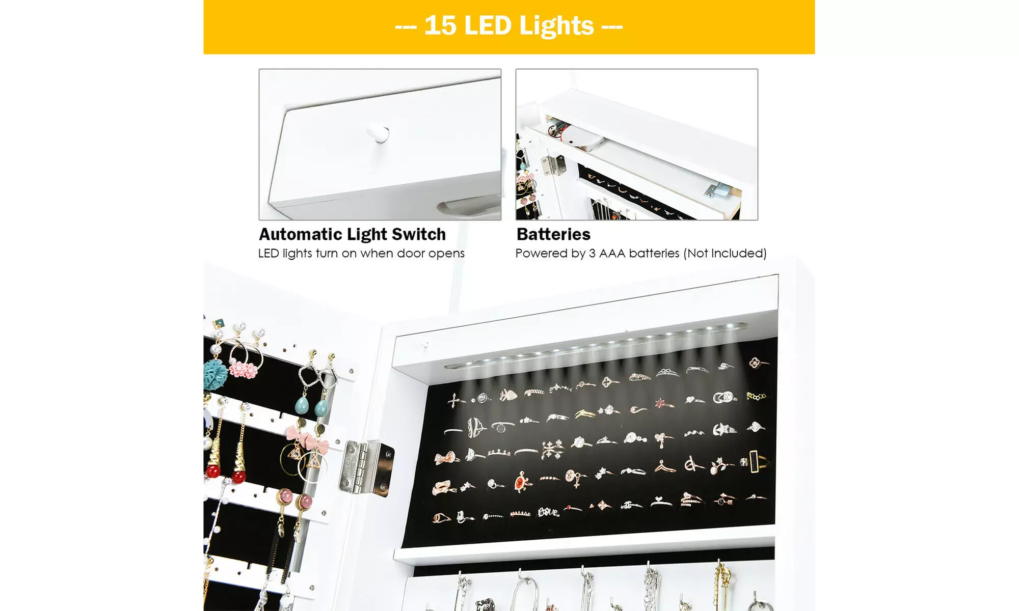 Wall Door Mounted Mirror Jewelry Cabinet Lockable Armoire Organizer w/ LED Light - Second Medium