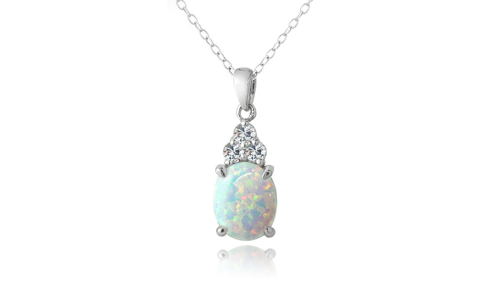 White Opal & Sapphire Oval Pendant Necklace in 925 Sterling Silver - Primary Image