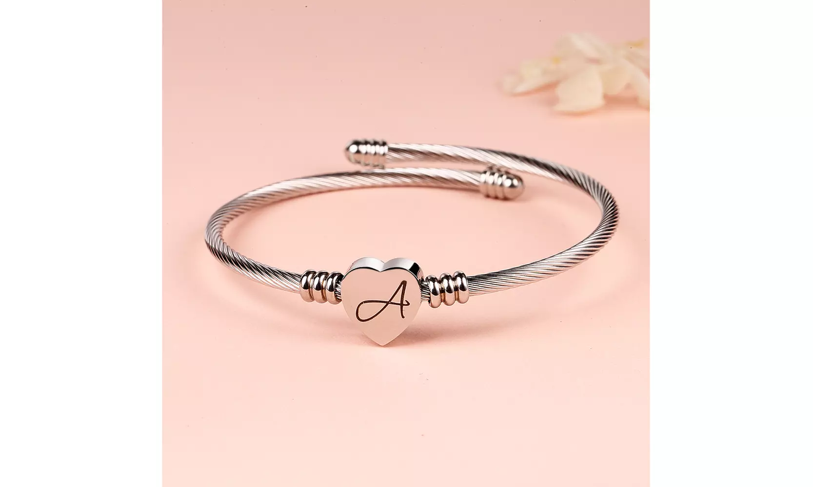 Twisted Steel Heart Cable Initial Bracelet
