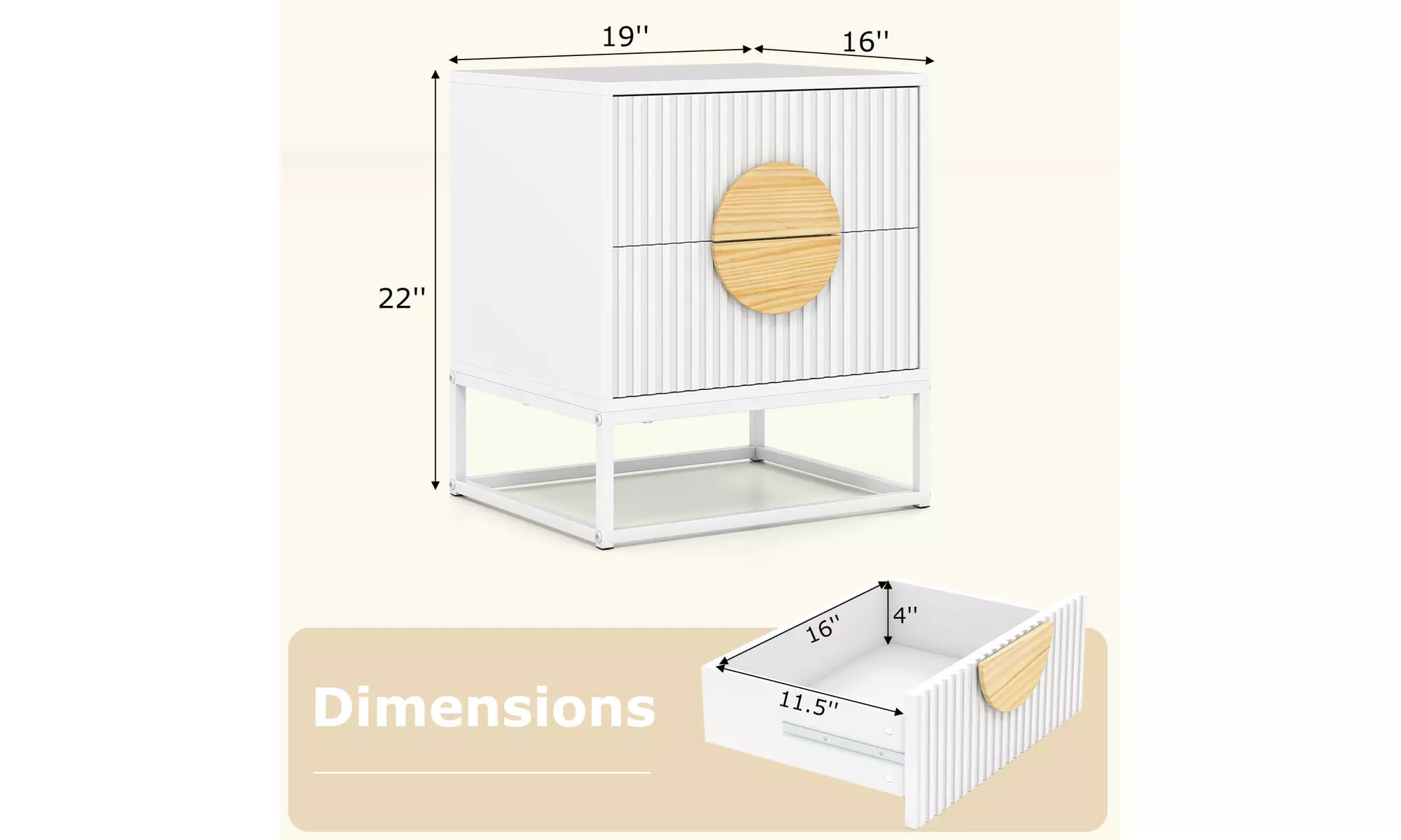 Costway Fluted Nightstand with 2 Drawers with Pine Wood Handles & Metal Frame