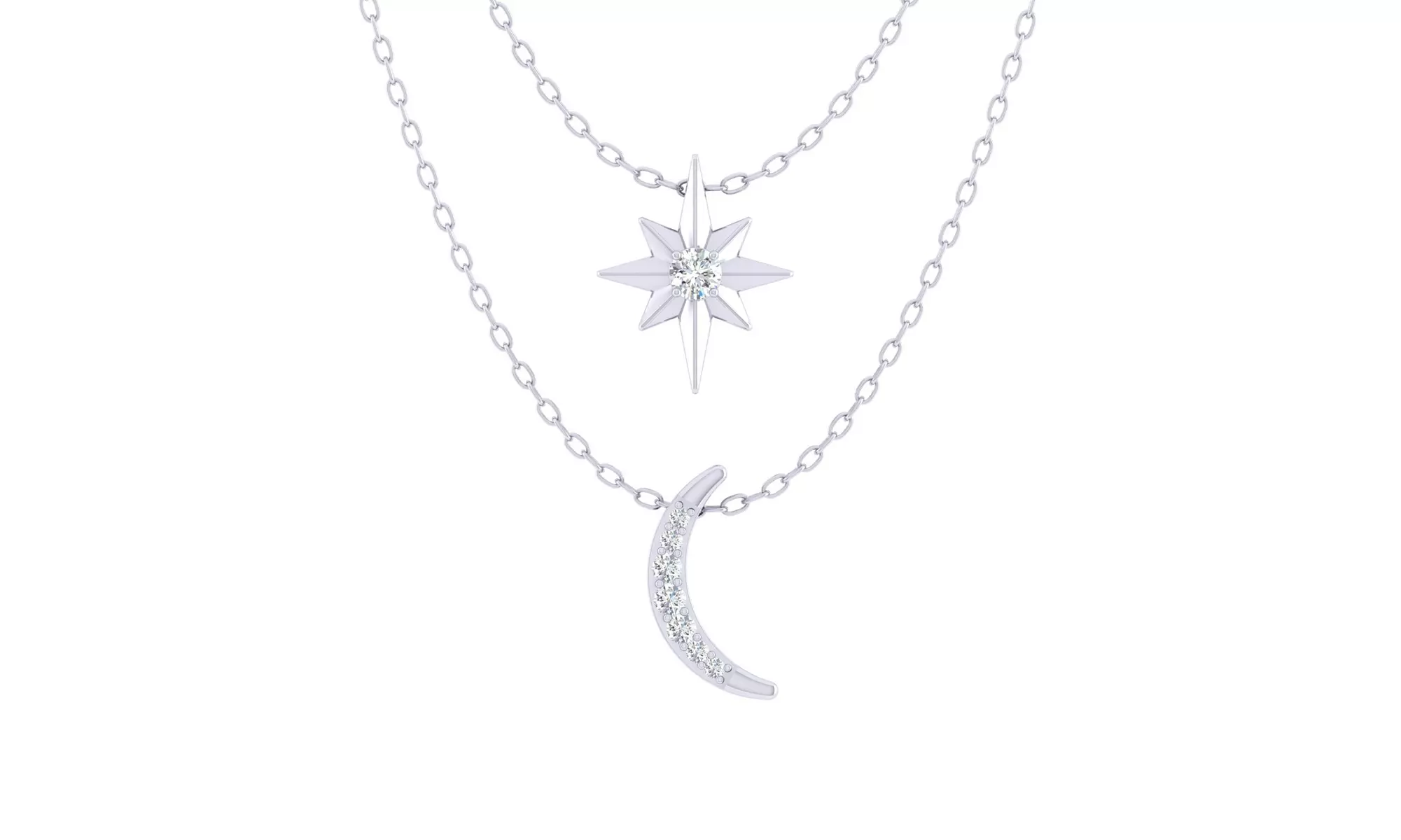 North Star & Moon Layered 1/10 Ct Natural Diamond Pendant Necklace 925 Silver