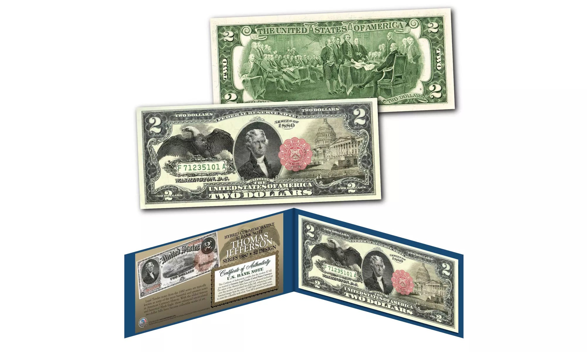 1880 Series THOMAS JEFFERSON Hybrid Commemorative Note on Modern 2 Dollar Bill - Primary Image