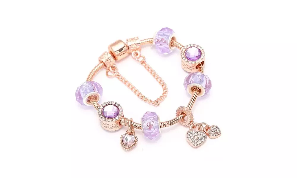18K Rose Gold Amethyst Crystal Heart Charm Bracelet With Crystals From Swarovski