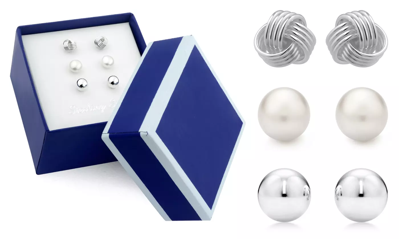 Solid Sterling Silver Trio Stud Earring Set In a Box By MUIBLU Gems
