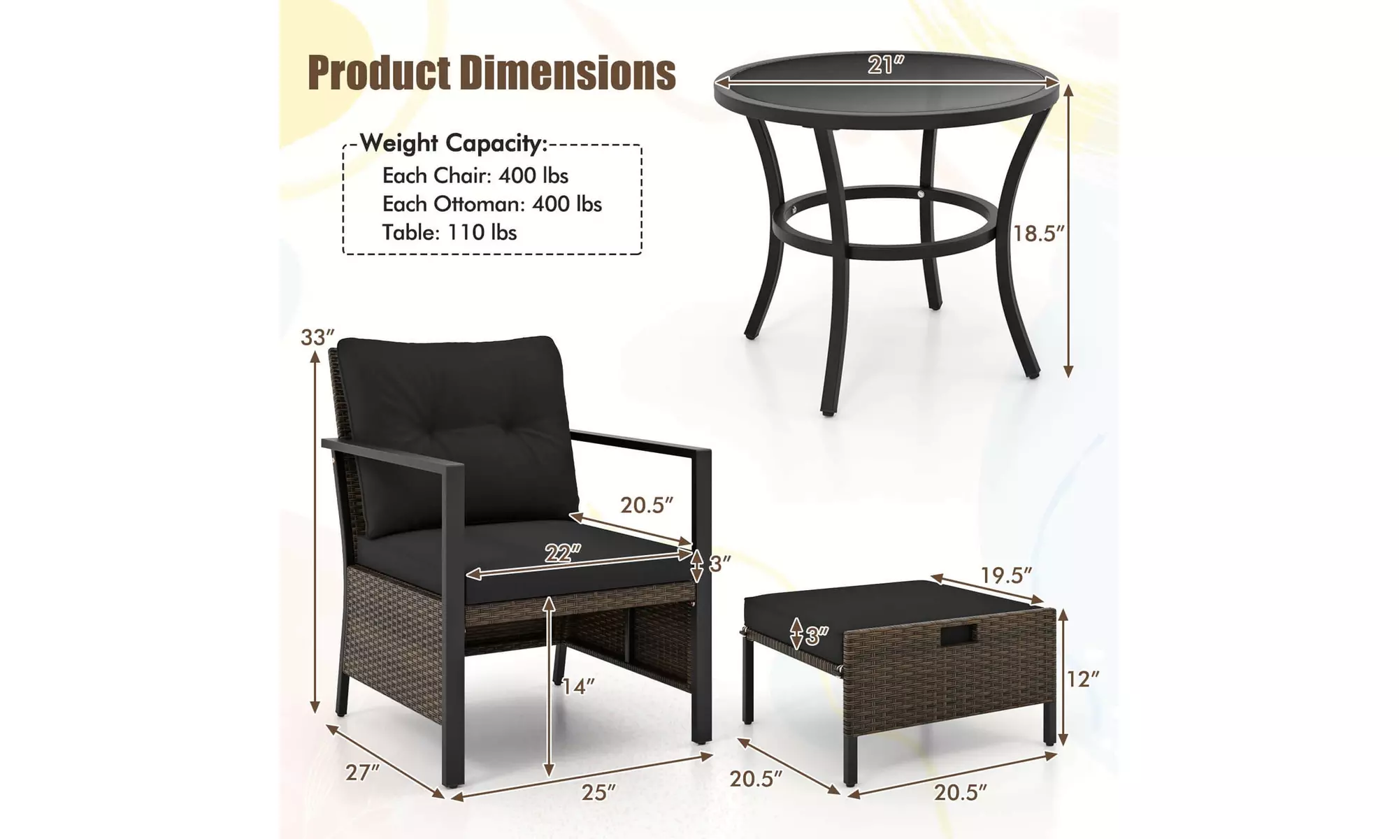 Costway 5 PCS Outdoor Furniture Set Rattan Chairs & Ottomans with Coffee Table