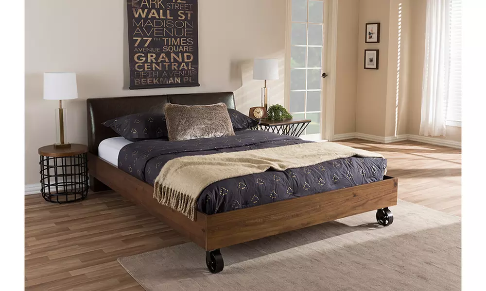 Baxton Studio Brooke Walnut Wood Distressed Faux Leather Metal Platform Bed - Primary Image