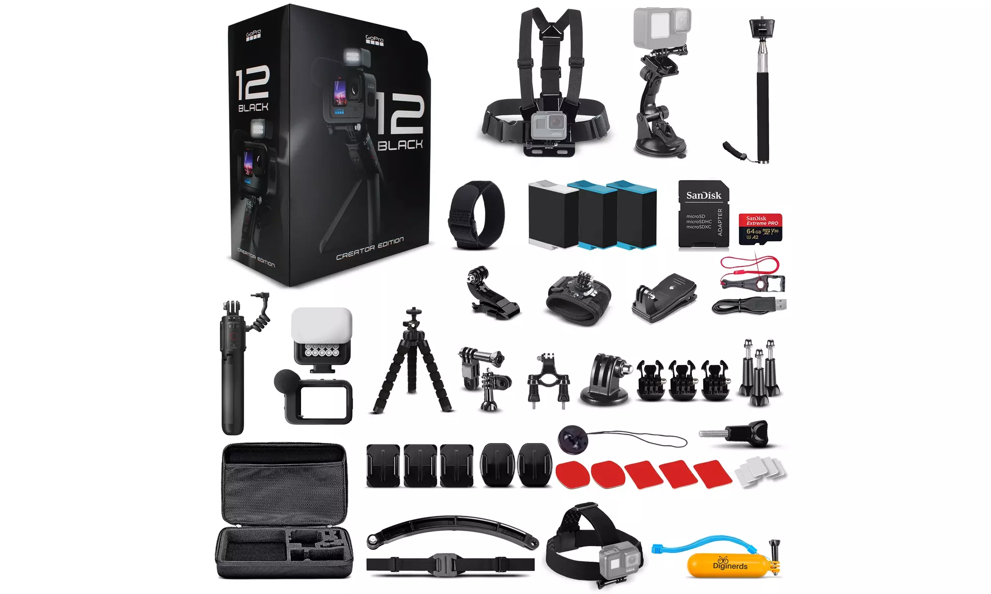 GoPro HERO12 Creator Edition, 64GB Card, DiGiNerds 50 Accessory Kit, 2 Batteries