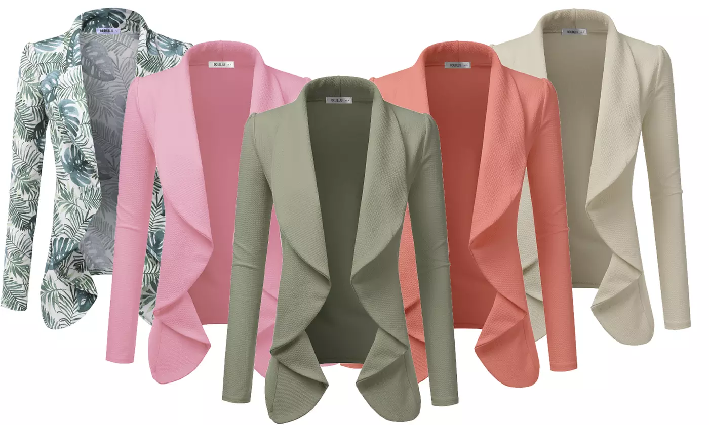 Doublju Women's Draped Open Front Pastel Blazer Jacket - Primary Image