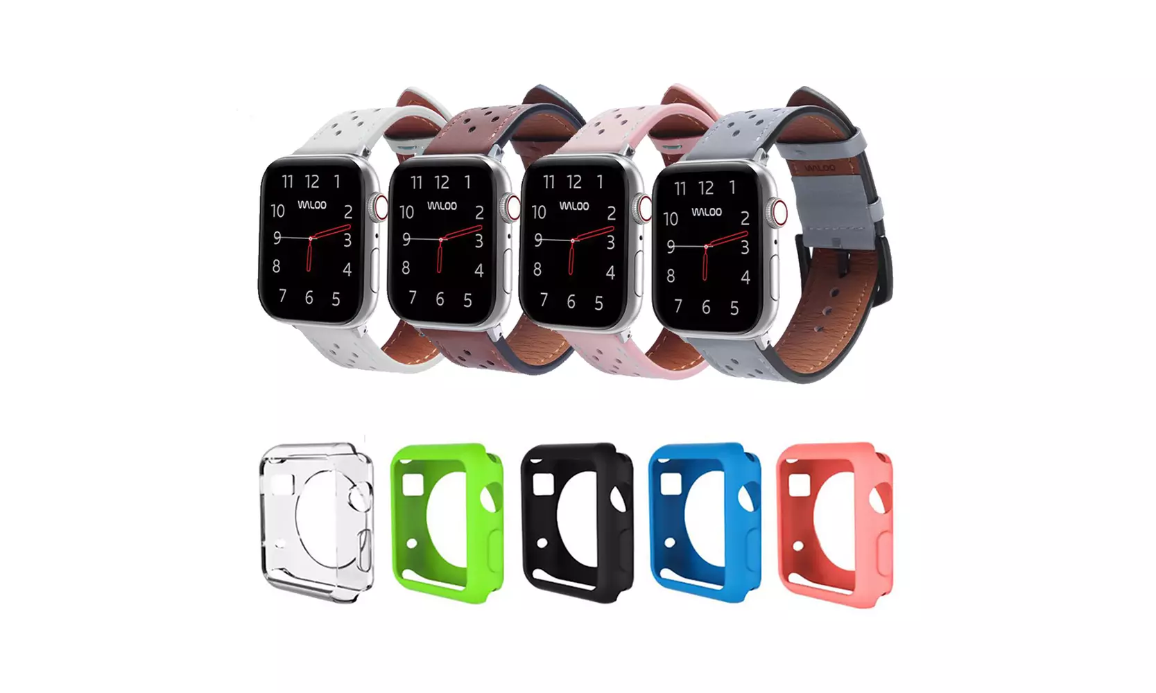 Breathable Leather Band and 5 Pack Gel Case for Apple Watch Series 1-6 - Primary Image