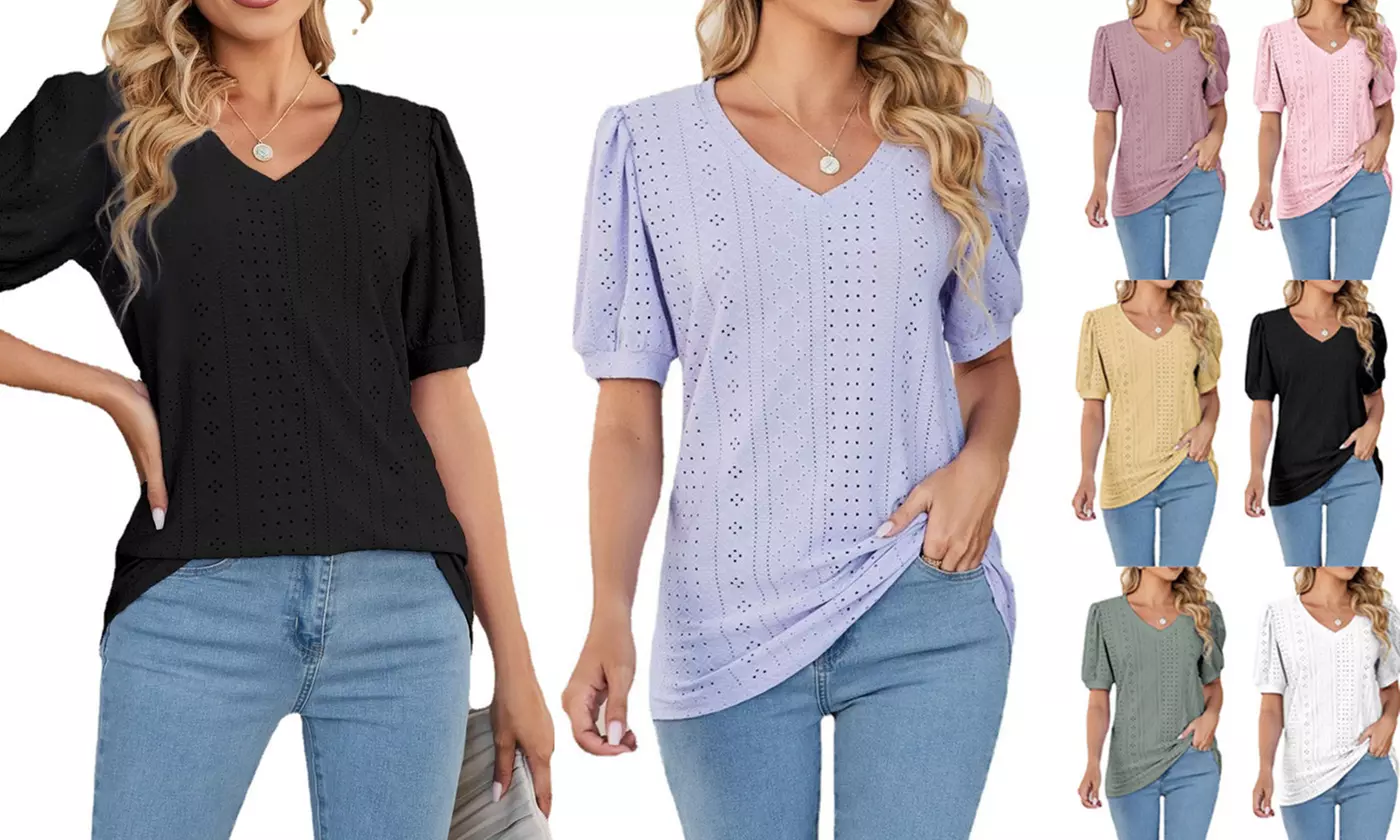 LESIES Womens' V Neck Puff Short Sleeve Tops Casual Hollow Out Work Tunic Shirt - Primary Image