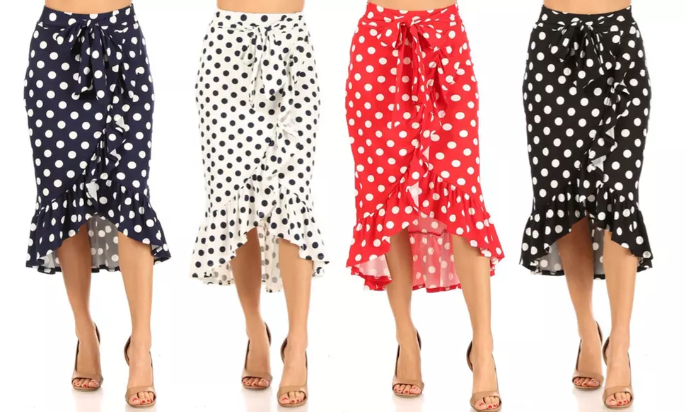 Casual Polka Dot Lightweight Faux Wrap Midi Skirt - Primary Image