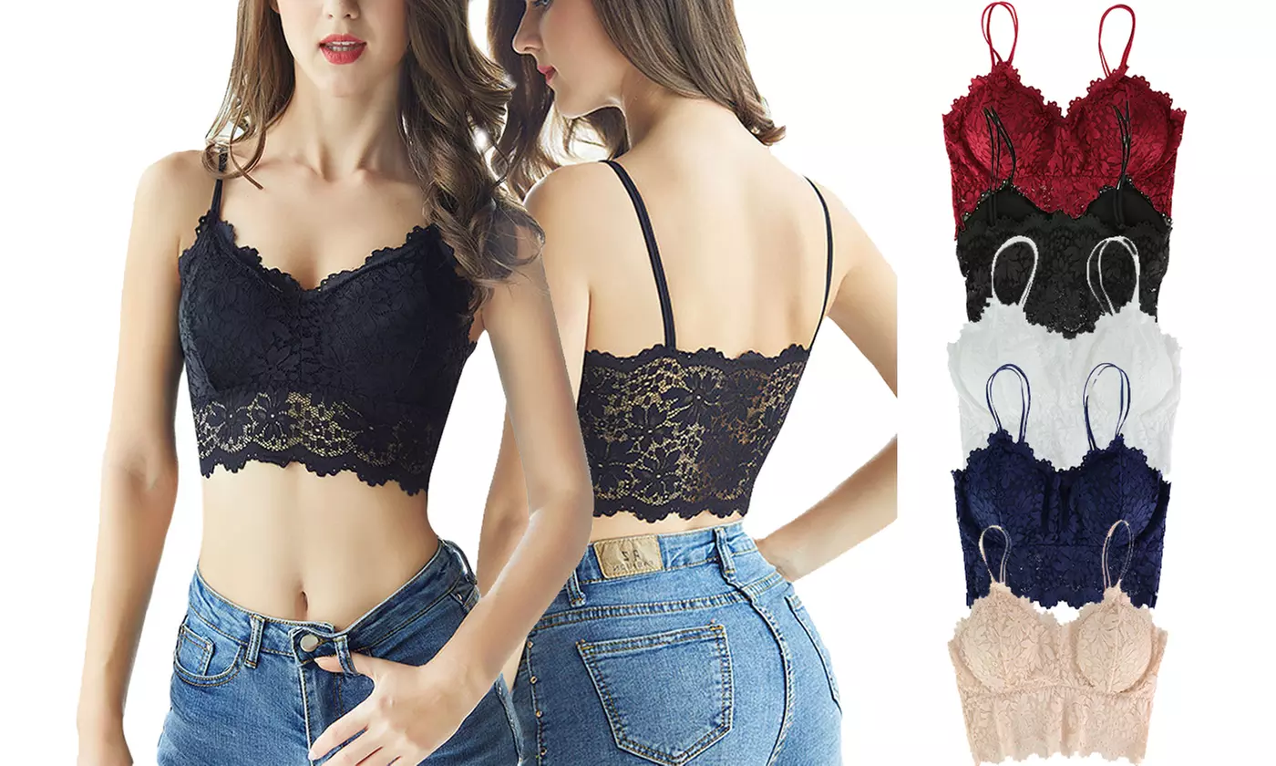 Women Sexy Bra Lingerie Lace V Neck Crochet Bralette Crop Top Cami Padded Tank - Primary Image