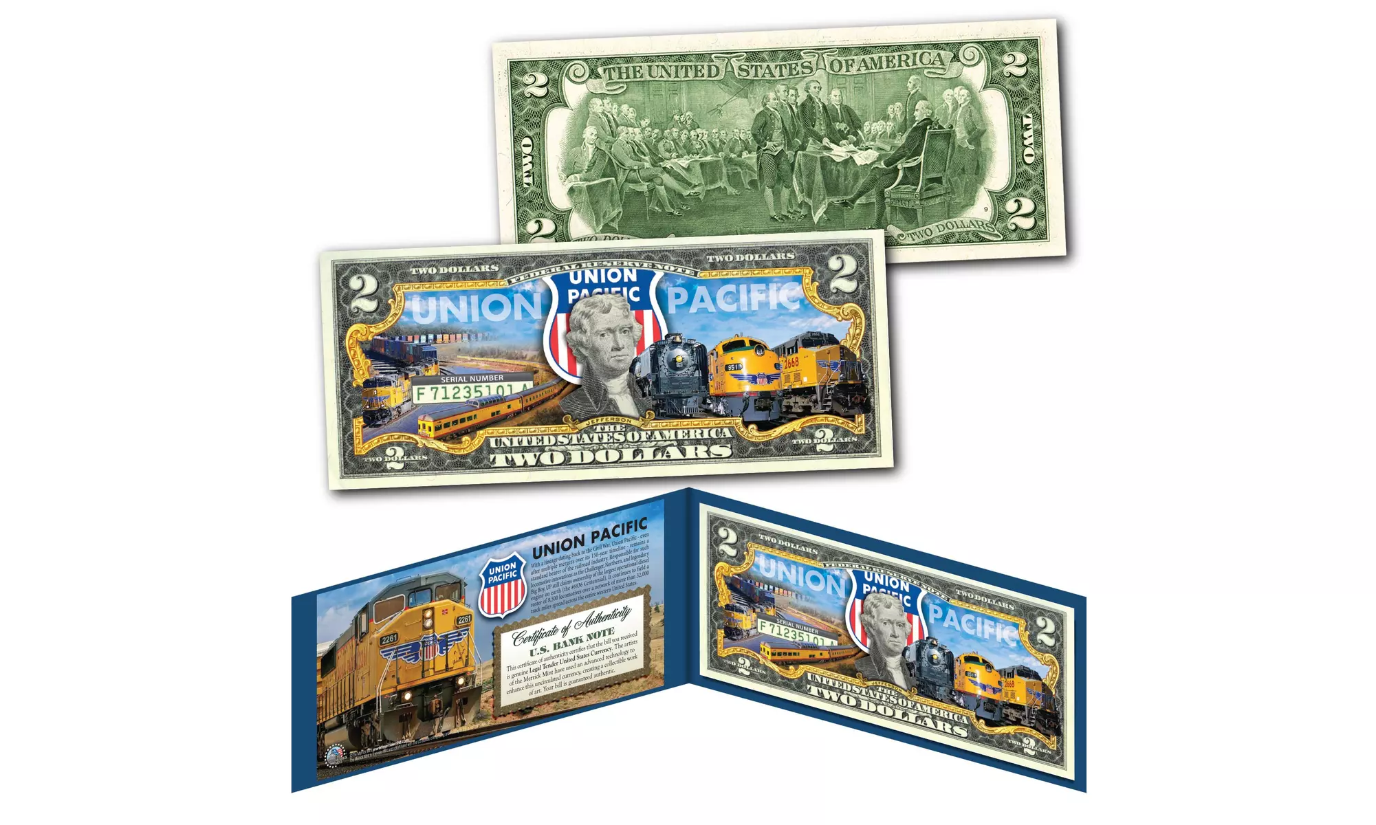 UNION PACIFIC Railroad Locomotive Train Company Genuine U.S. Two-Dollar Bill - Second Medium