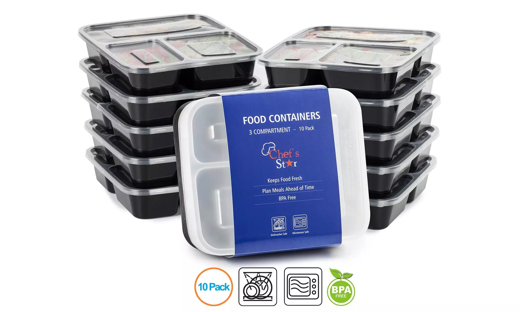 3 Compartment Reusable Food Storage Containers with Lids - 10 Pack - Primary Image
