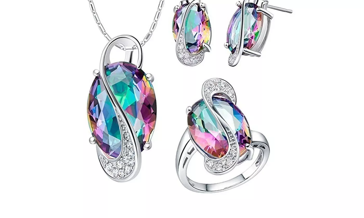 Womens 18k White Gold Plated Jewelry Sets Emerald Zircon Necklace Earring Set - Primary Image