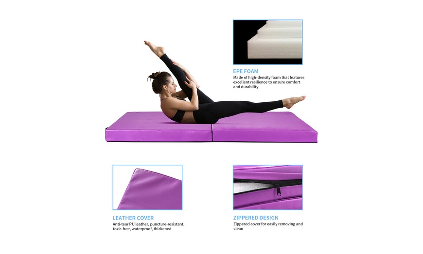Image 5: 6'x3.2'Gymnastics Mat Thick Two Folding Panel Fitness Exercise Purple Portable