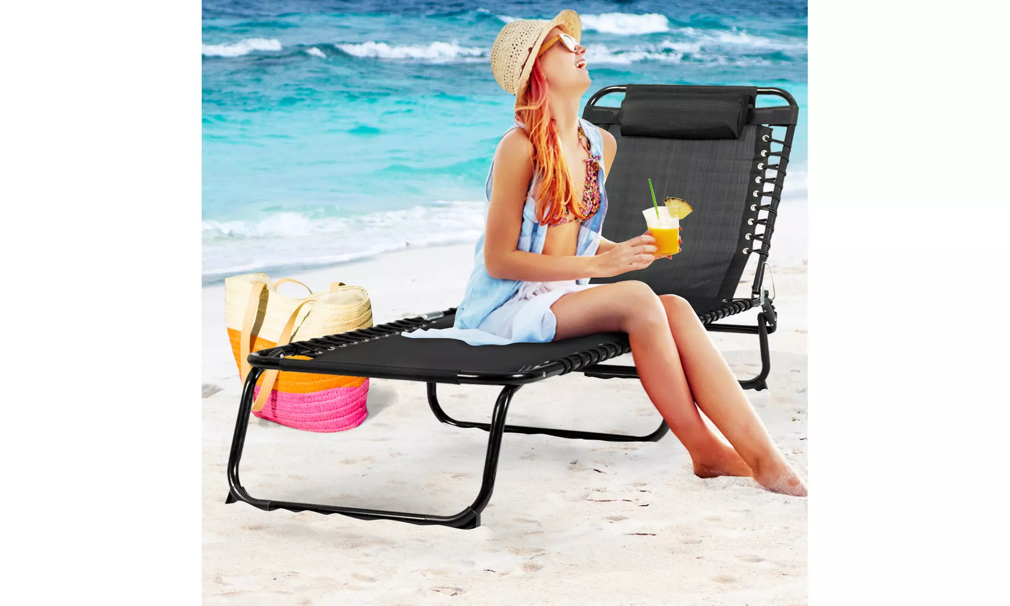 Foldable Lounge Chaise Adjustable Patio Camping Cot w/ Pillow Beach Pool 2 color