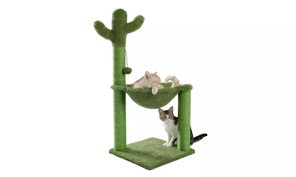 Cactus With Cat Scratching Post Hammock Interactive Ball Green - Second Medium