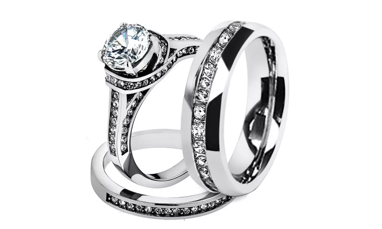 His & Hers Stainless Steel 3 Piece Cz Wedding Ring Set and Eternity Wedding Band