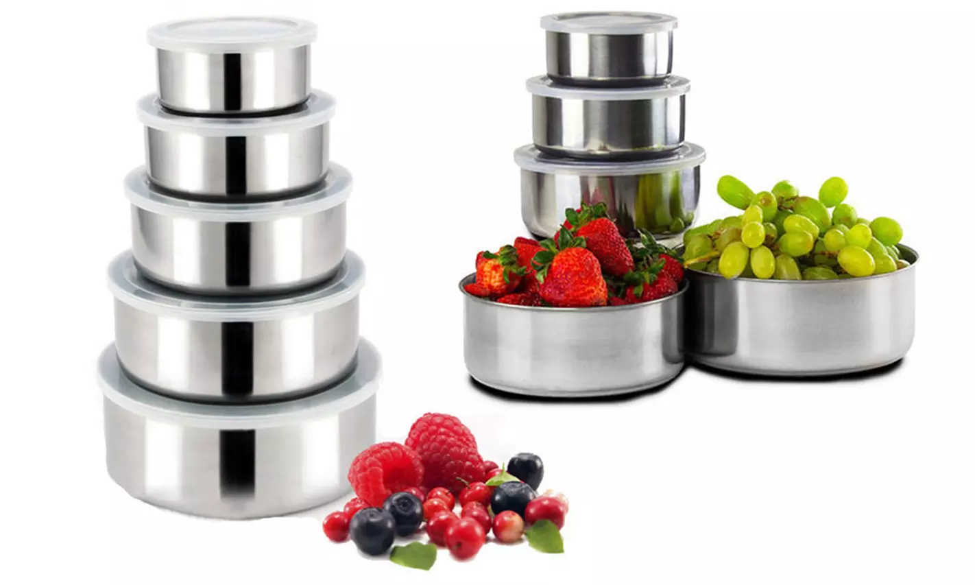 Stainless Steel Bowl Set with Clear Plastic Lids 5 Piece  - Second Medium