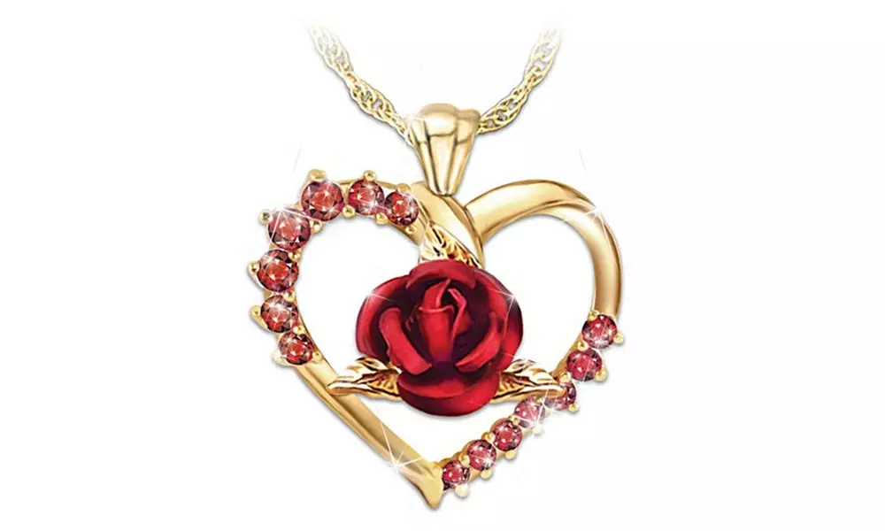18K Gold-plated Heart-shaped Ruby Rose Pendant Necklace - Primary Image