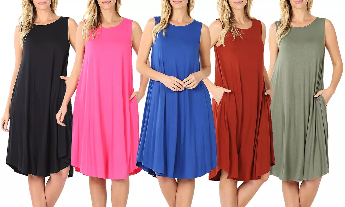 Haute Edition Viscose Round Neck Sleeveless Knee Length Dress with Pockets S-3X - Primary Image