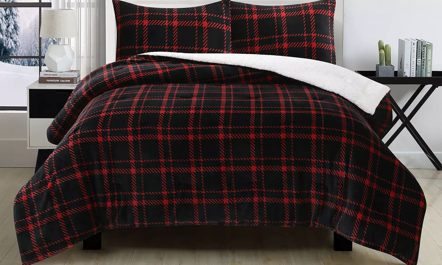 3-Piece Flannel Plaid & Sherpa Down Alternative Oversized Comforter Set
