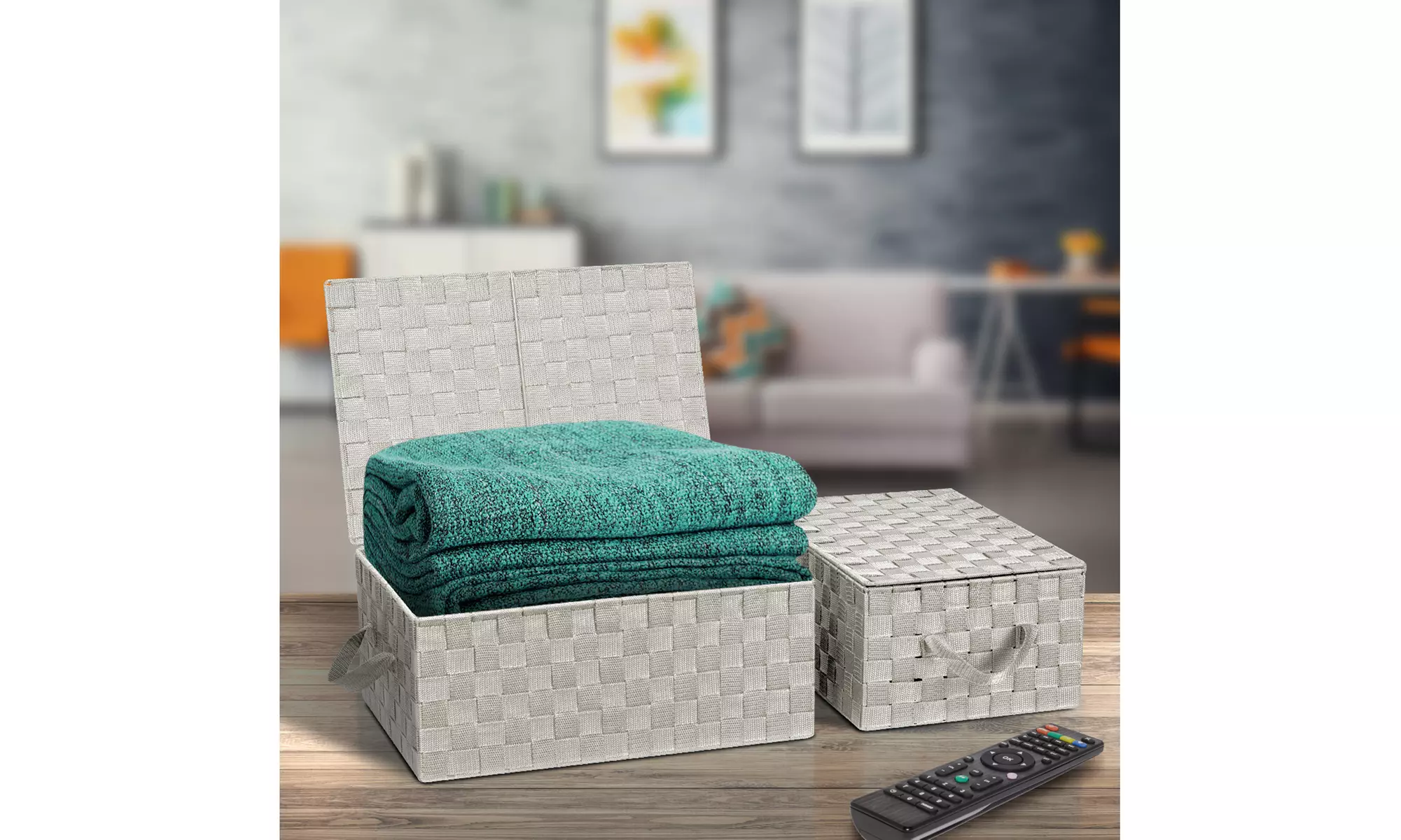 3-Pack Storage Box w/ Lid for Closet & Shelves - Woven Fabric Basket Organizer