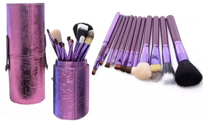 Trendy Makeup Brushes Set With Standing Leather Case - 12 Pcs  - Second Medium