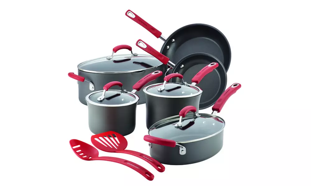 Rachael Ray Hard-Anodized Nonstick 12 Pc  Set Gray w Red Handles - Primary Image