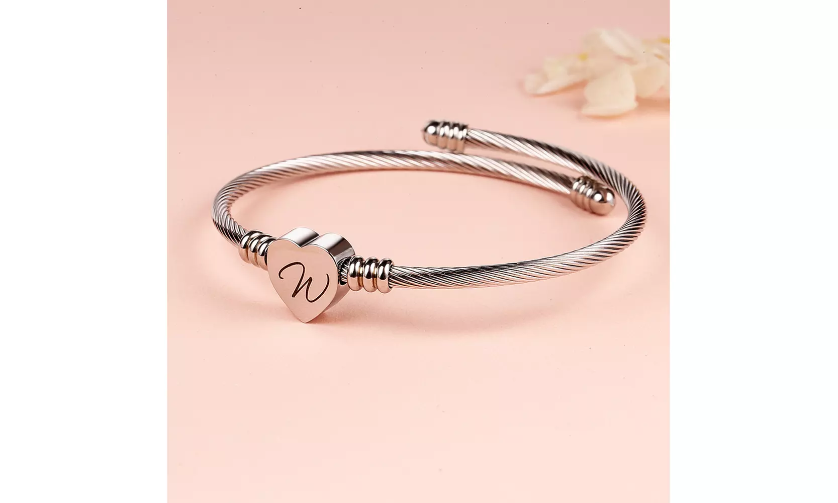 Twisted Steel Heart Cable Initial Bracelet