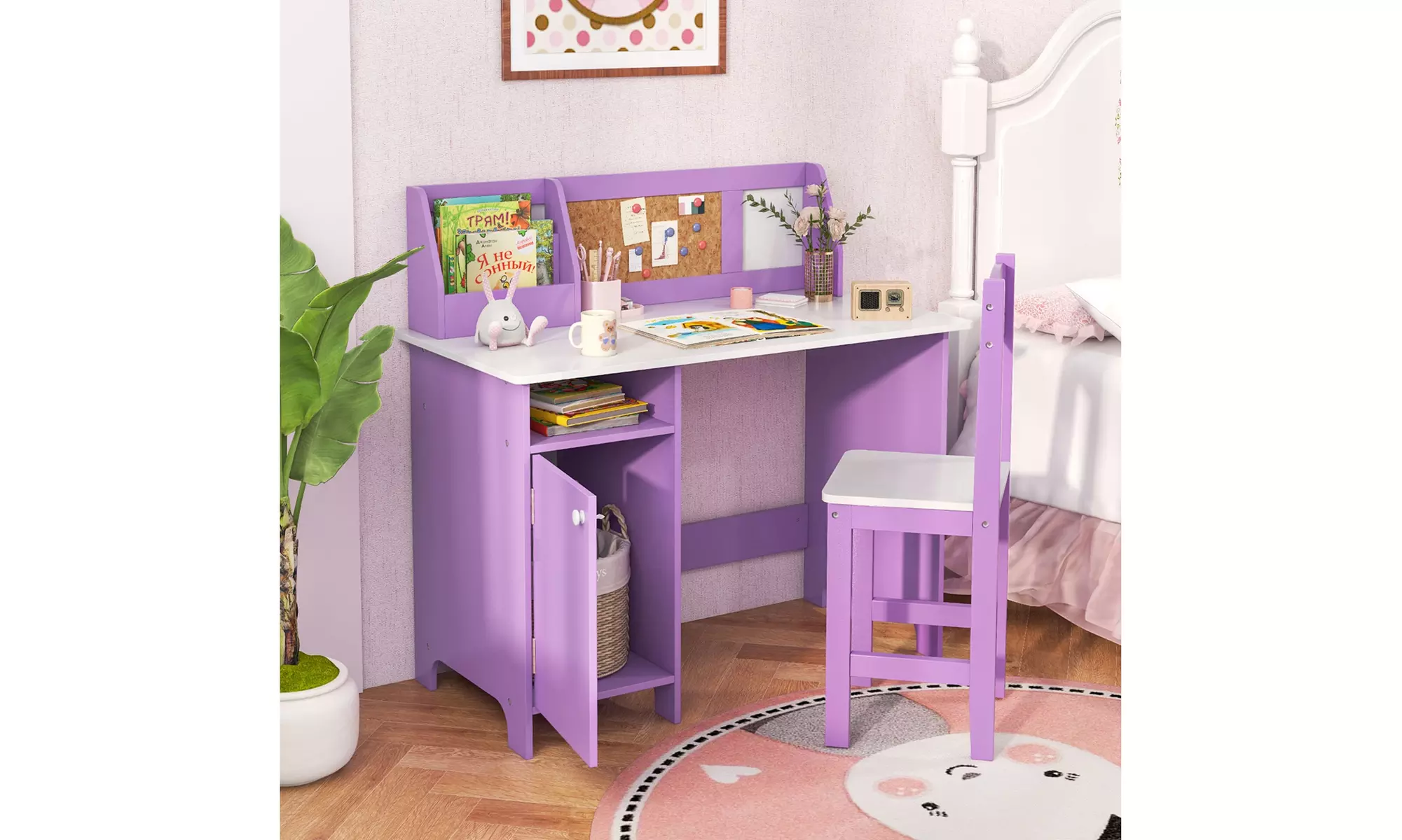 Costway Kids Desk and Chair Set Study Writing Workstation with Bookshelf