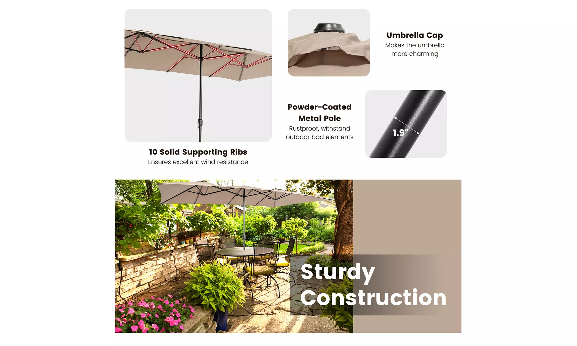 Costway 15FT Double-Sided Patio Market Umbrella Large Crank Handle Vented