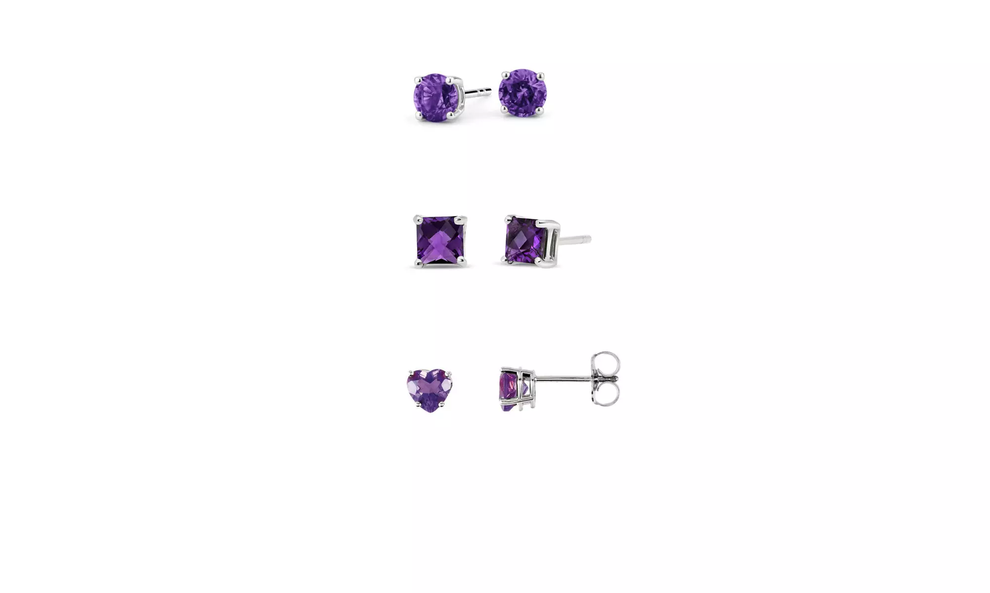 18k Gold 3Ct 8mm Amethyst 3 Pair Round, Square & Heart Stud Earrings Plated - Primary Image