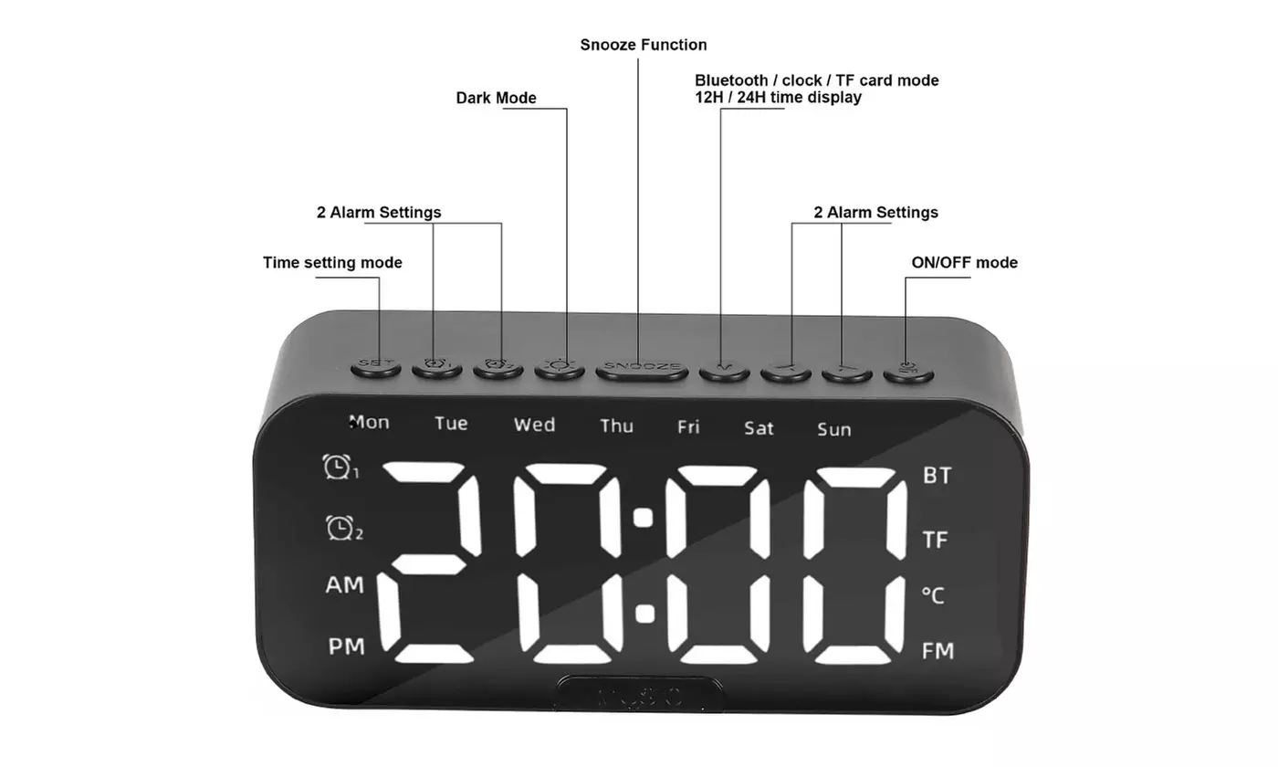 Portable Digital Alarm Clock FM Radio Wireless Bluetooth Mirror LED With Speaker