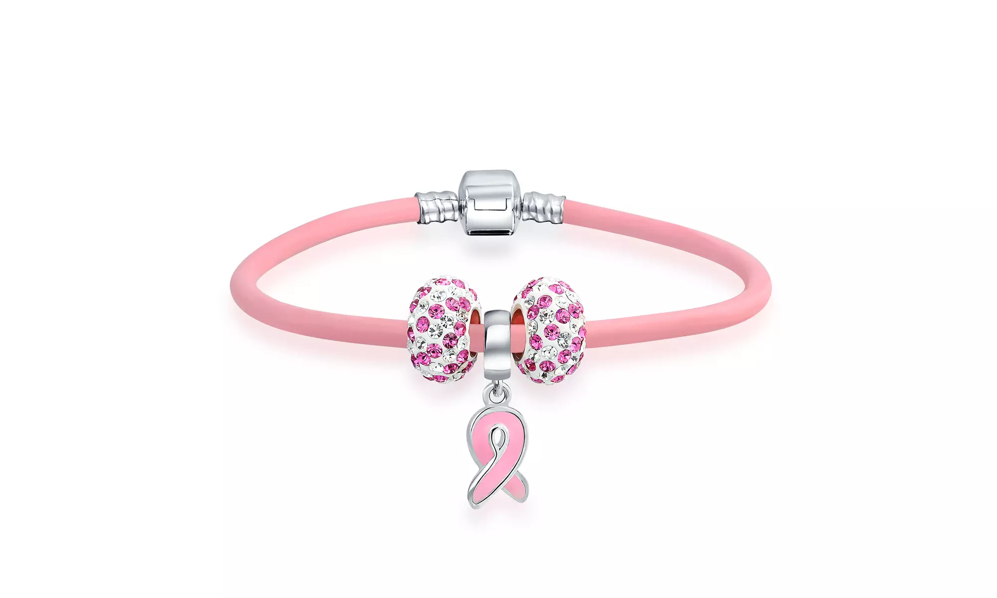 Breast Cancer Survivor Pink Ribbon Crystal Charm Pink Leather Bracelet - Primary Image