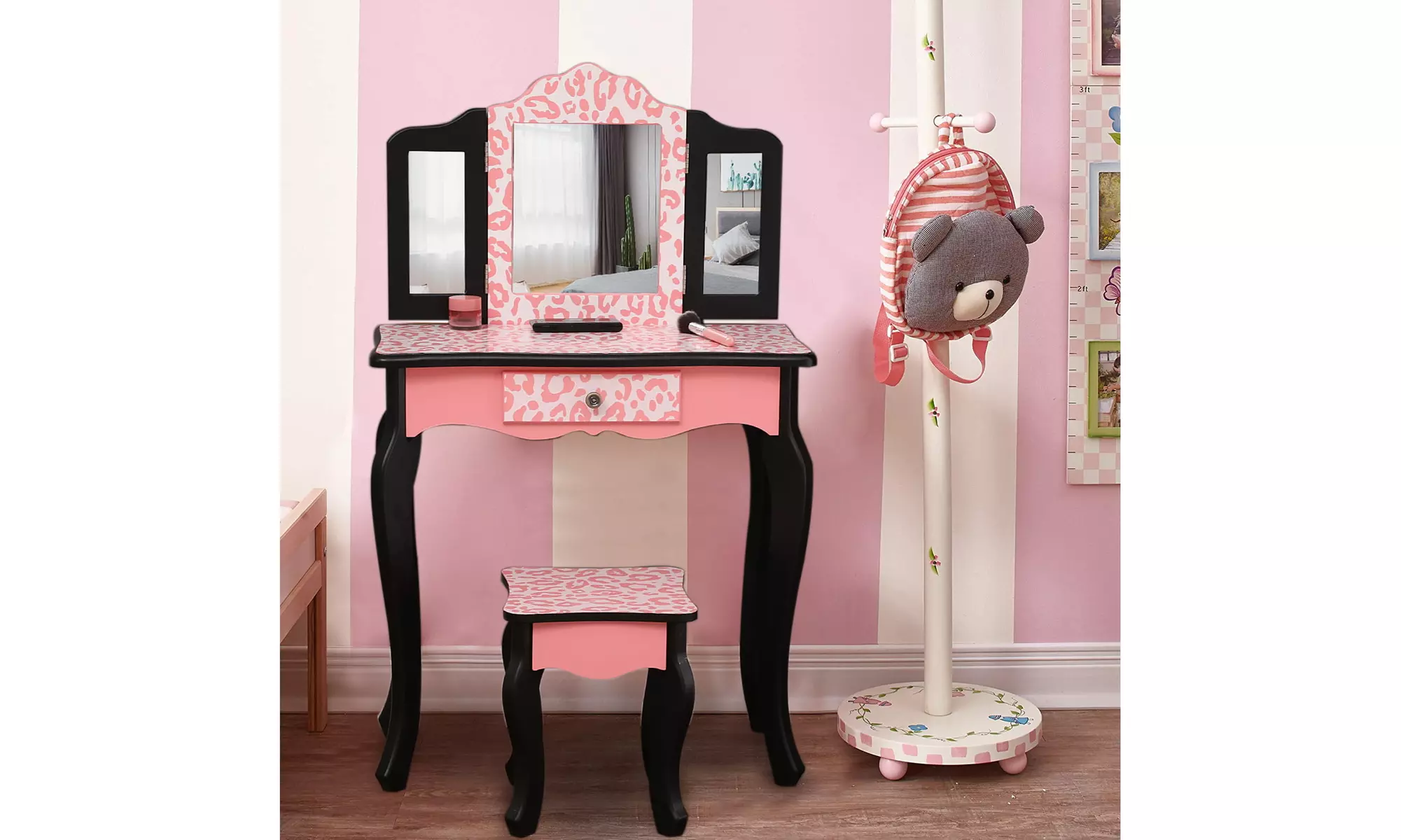 Kids' Vanity Table & Stool Set with 3 Mirrors Princess Makeup Dressing Table - Primary Image